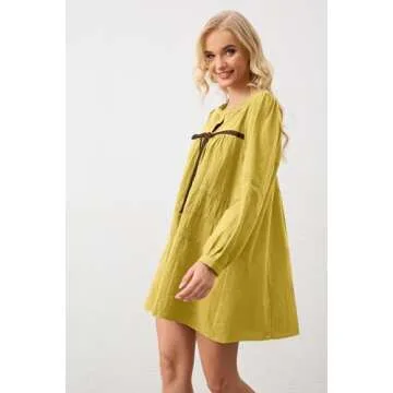 MISSACTIVER Women Long Puff Sleeve Flowy Mini Dress Cute Bow Tie Front Babydoll Dress Trendy Embroidered A-line Tunic Dresses Green