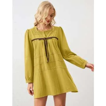 MISSACTIVER Women Long Puff Sleeve Flowy Mini Dress Cute Bow Tie Front Babydoll Dress Trendy Embroidered A-line Tunic Dresses Green