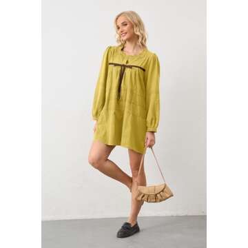 MISSACTIVER Women Long Puff Sleeve Flowy Mini Dress Cute Bow Tie Front Babydoll Dress Trendy Embroidered A-line Tunic Dresses Green