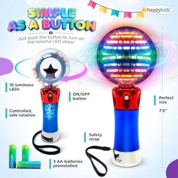 Happy Kids LED Magic Orb Wand Toy - Color Changing Star Globe - Spinning Fun - Great Sensory Toy for Kids with Batteries and Strap