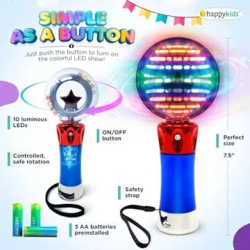 Happy Kids LED Magic Orb Wand Toy - Color Changing Star Globe - Spinning Fun - Great Sensory Toy for Kids with Batteries and Strap