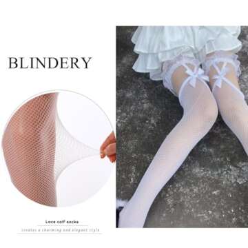 Blindery Thigh stockings Bow Stockings Fishnet thigh socks Mesh Stockings Silk thigh socks for Women (Polycotton, Suspenders white)
