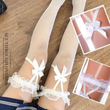 Blindery Thigh stockings Bow Stockings Fishnet thigh socks Mesh Stockings Silk thigh socks for Women (Polycotton, Suspenders white)