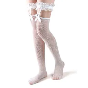 Blindery Thigh stockings Bow Stockings Fishnet thigh socks Mesh Stockings Silk thigh socks for Women (Polycotton, Suspenders white)
