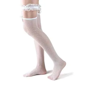 Blindery Thigh stockings Bow Stockings Fishnet thigh socks Mesh Stockings Silk thigh socks for Women (Polycotton, Suspenders white)