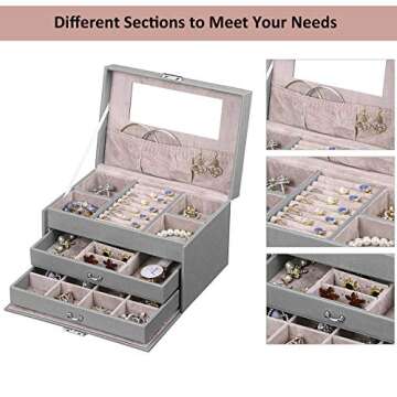 ANWBROAD Jewelry Box 3 Tier Jewelry Storage Organizer Girls Jewelry Case Jewelry Boxes For Women with Lock and Mirror Portable Travel Jewelry Boxes for Teen Necklaces Rings Earrings UJJB002H