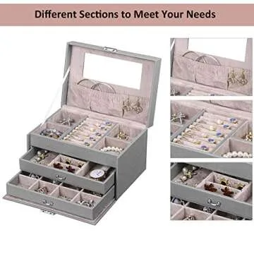 ANWBROAD Jewelry Box 3 Tier Jewelry Storage Organizer Girls Jewelry Case Jewelry Boxes For Women with Lock and Mirror Portable Travel Jewelry Boxes for Teen Necklaces Rings Earrings UJJB002H
