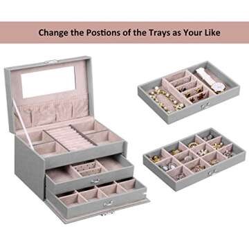 ANWBROAD Jewelry Box 3 Tier Jewelry Storage Organizer Girls Jewelry Case Jewelry Boxes For Women with Lock and Mirror Portable Travel Jewelry Boxes for Teen Necklaces Rings Earrings UJJB002H