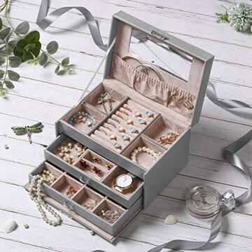 ANWBROAD Jewelry Box 3 Tier Jewelry Storage Organizer Girls Jewelry Case Jewelry Boxes For Women with Lock and Mirror Portable Travel Jewelry Boxes for Teen Necklaces Rings Earrings UJJB002H