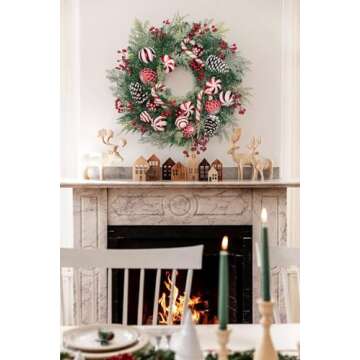 24 inch Christmas Door Wreath, Norfolk Pine Wreaths for Front Door with Candy Cane Red and White Bal...