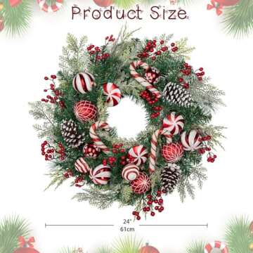 24 inch Christmas Door Wreath, Norfolk Pine Wreaths for Front Door with Candy Cane Red and White Ball Pinecones Berries for Fireplace Xmas Decorations, Wall Window Indoor Outdoor Decor