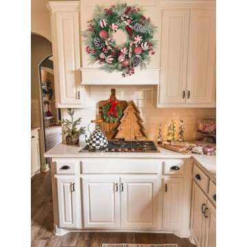 24 inch Christmas Door Wreath, Norfolk Pine Wreaths for Front Door with Candy Cane Red and White Ball Pinecones Berries for Fireplace Xmas Decorations, Wall Window Indoor Outdoor Decor