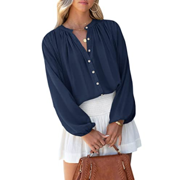 SENSERISE Womens Long Sleeve Button Down Shirt Casual Solid Color Balloon Sleeve V Neck Tops Satin S...