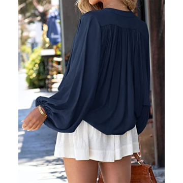 SENSERISE Womens Long Sleeve Button Down Shirt Casual Solid Color Balloon Sleeve V Neck Tops Satin Silk Blouses(Navy Blue,L)