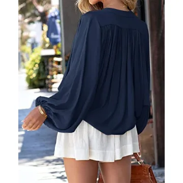 SENSERISE Womens Long Sleeve Button Down Shirt Casual Solid Color Balloon Sleeve V Neck Tops Satin Silk Blouses(Navy Blue,L)