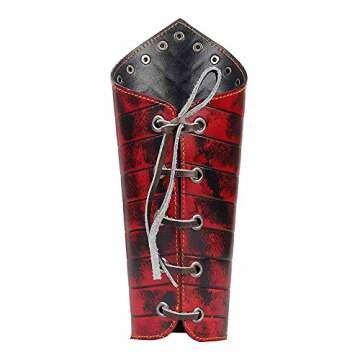 Koora Alloy Punk Wide Archery Leather Arm Guard Cuff Viking Bracer Leather Gauntlet Wristband Bracelet for Men Boxing Adults, Red, Medium
