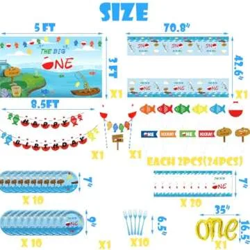 217 Pcs Ofishally One Birthday Decorations Gone Fishing Dinnierware The Big One Balloon Garland Banner Cake Cupcake Topper Table Cloth for Fishing Theme 1st Birthday Baby Shower Party Supplies