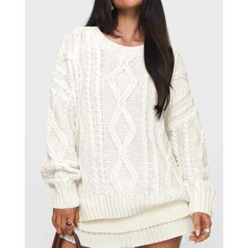 BTFBM Casual Women Long Sleeve Sweater 2025 Fall Ribbed Knit Pullover Loose Crewneck Cable Sweater Jumper Tops(Solid Beige White,Small)