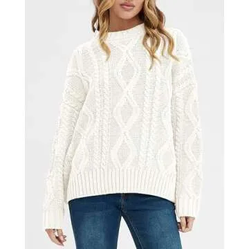 BTFBM Casual Women Long Sleeve Sweater 2025 Fall Ribbed Knit Pullover Loose Crewneck Cable Sweater Jumper Tops(Solid Beige White,Small)