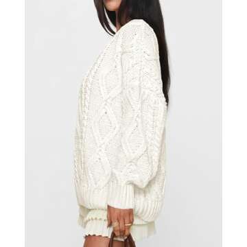 BTFBM Casual Women Long Sleeve Sweater 2025 Fall Ribbed Knit Pullover Loose Crewneck Cable Sweater Jumper Tops(Solid Beige White,Small)