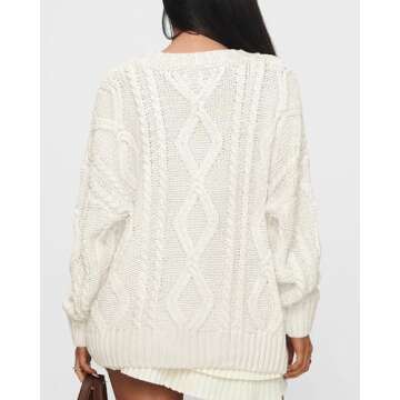 BTFBM Casual Women Long Sleeve Sweater 2025 Fall Ribbed Knit Pullover Loose Crewneck Cable Sweater Jumper Tops(Solid Beige White,Small)