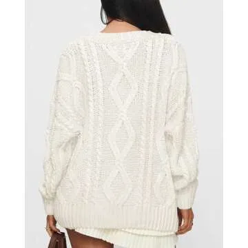 BTFBM Casual Women Long Sleeve Sweater 2025 Fall Ribbed Knit Pullover Loose Crewneck Cable Sweater Jumper Tops(Solid Beige White,Small)