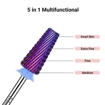 MelodySusie Professional 5 in 1 Nail Drill Bits, 3/32'' Carbide Tungsten Multi-function, Suitable for Manicure Pedicure Cuticle Gel Polishing, Purple, Medium