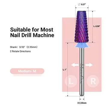 MelodySusie Professional 5 in 1 Nail Drill Bits, 3/32'' Carbide Tungsten Multi-function, Suitable for Manicure Pedicure Cuticle Gel Polishing, Purple, Medium