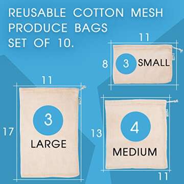 Eco-Friendly Produce Bags Set of 10 Cotton Mesh