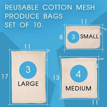 Eco-Friendly Produce Bags Set of 10 Cotton Mesh