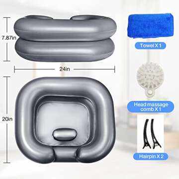 Portable Shampoo Bowl, Inflatable Hair Washing Sink Made for Handicapped, Bedridden, Kids, Seniors, Adjustable Strap, No Spills, Hair Washing Tray (Silver)