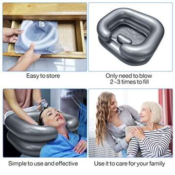 Portable Shampoo Bowl, Inflatable Hair Washing Sink Made for Handicapped, Bedridden, Kids, Seniors, Adjustable Strap, No Spills, Hair Washing Tray (Silver)