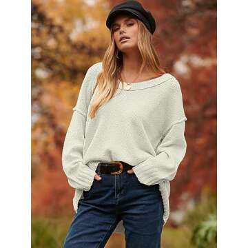 ANRABESS Women's Oversized Casual Loose Slouchy Scoop V Neck Batwing Long Sleeve Knit 2025 Fall Pullover Sweaters White Large
