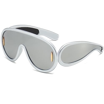 Breaksun Fashion Wave Mask Sunglasses for Women Men Oversized Silver Mirrored Futuristic Shield Sun ...