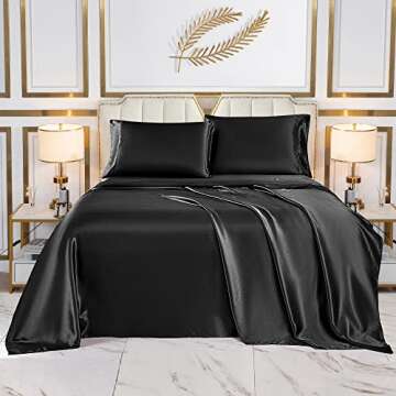 wavveUziz Satin Sheets Queen Size Black Satin Bed Sheet Set 16" Deep Pocket Silky Satin Sheet Set with 1 Fitted Sheet, 1 Flat Sheet and 2 Pillow Cases- Wrinkle, Fade, Stain Resistant- 4 Piece