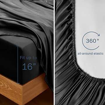 wavveUziz Satin Sheets Queen Size Black Satin Bed Sheet Set 16" Deep Pocket Silky Satin Sheet Set with 1 Fitted Sheet, 1 Flat Sheet and 2 Pillow Cases- Wrinkle, Fade, Stain Resistant- 4 Piece