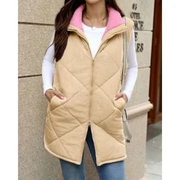 Zeagoo Vest Tops for Women Reversible Puffer Vest Coat Sleeveless Sherpa Fleece Jacket Zip Up Long Warm Winter Coat