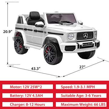 TOBBI 12V Kids' Electric Vehicle, Licensed Mercedes Benz G63 Electric Car for Kids, Kids Ride On Car Parents Remote Control, Openable Doors/Spring Suspension System/Music's Play & Led Lights-White