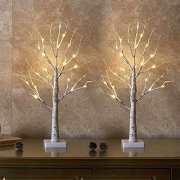 EAMBRITE Lighted Birch Tree - 2 Pack Indoor White Trees for Winter Decor, 24 LED Battery/USB Operate...