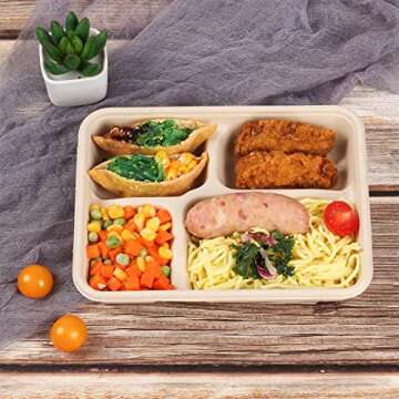 JAYEEY Sugarcane Fiber 23 oz 4 Compartments disposable plates with Lids Bagasse Plant Fibers Freezer Safe 50 PACK