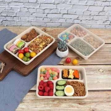 JAYEEY Sugarcane Fiber 23 oz 4 Compartments disposable plates with Lids Bagasse Plant Fibers Freezer Safe 50 PACK