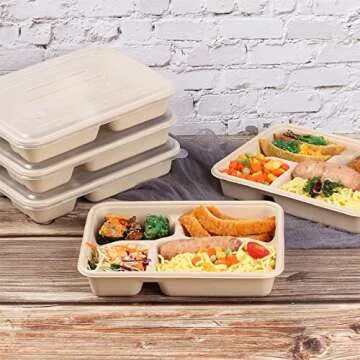 JAYEEY Sugarcane Fiber 23 oz 4 Compartments disposable plates with Lids Bagasse Plant Fibers Freezer Safe 50 PACK