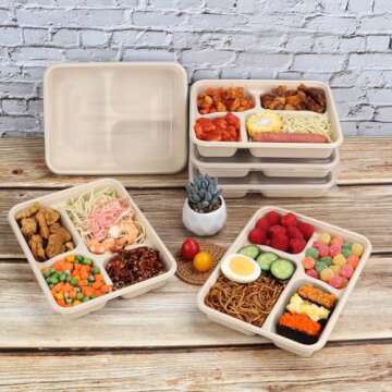 JAYEEY Sugarcane Fiber 23 oz 4 Compartments disposable plates with Lids Bagasse Plant Fibers Freezer Safe 50 PACK