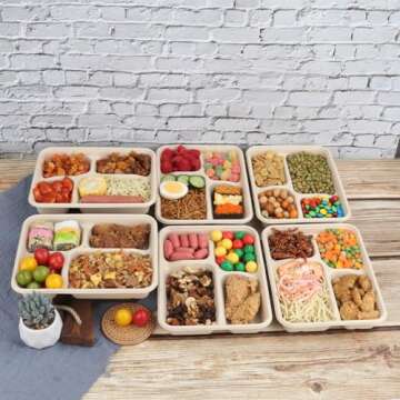 JAYEEY Sugarcane Fiber 23 oz 4 Compartments disposable plates with Lids Bagasse Plant Fibers Freezer Safe 50 PACK