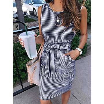 MEROKEETY Womens 2025 Summer Sleeveless Striped T Shirt Dress Casual Crew Neck Tie Waist Mini Dresses Navy