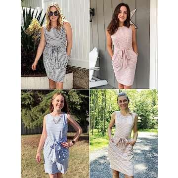 MEROKEETY Womens 2025 Summer Sleeveless Striped T Shirt Dress Casual Crew Neck Tie Waist Mini Dresses Navy