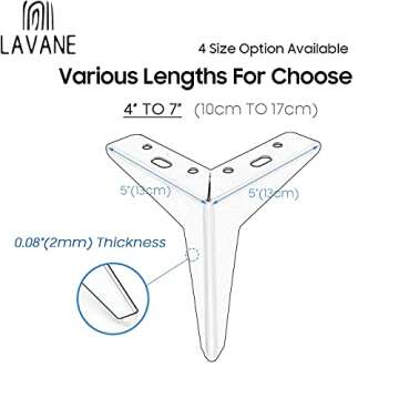 La Vane 5 inch Metal Furniture Legs, Set of 4 Mid Century Modern Iron Thick Diamond Triangle Furnitu...