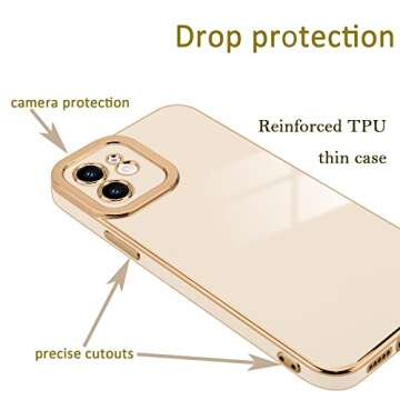 Lafunda Designed for iPhone 12 Case, Luxury Platings for Women Girls Cute Electroplated Golden Edge Shockproof TPU Bumper Cover with Silicone Camera Protective Phone Case for iPhone 12 White