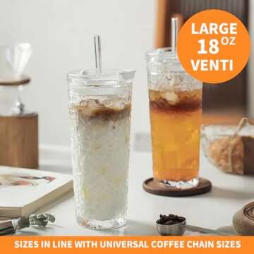 KEMORELA Glass Tumblers with Lids and Straws – Set of 2, 18oz Premium Quality Drinking Glasses, Id...