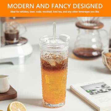 KEMORELA Glass Tumblers with Lids and Straws – Set of 2, 18oz Premium Quality Drinking Glasses, Ideal for Juices, Cocktails, and Everyday Use